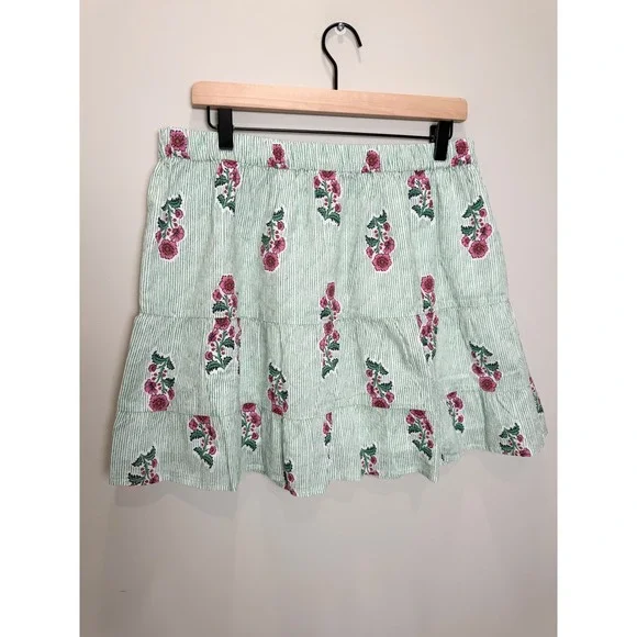 NWT J. Crew Factory M 100% Cotton Tiered Short Skirt Green Stripe Floral Lined - Picture 2 of 9